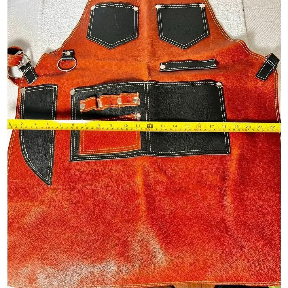 Hand Leather Cooking Work Apron in Brown & Black W White Topstitching Adjustable